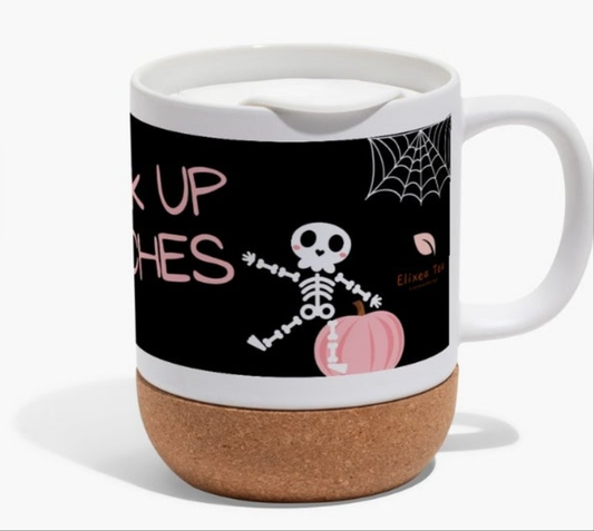 Witches Tea Mug | Halloween Ceramic Cup with Cork Base & Lid