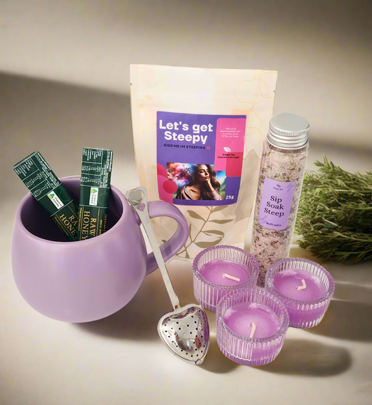 Sip, Soak, Repeat, Let’s Get Steepy Spa Gift Pack| Relaxation Tea Set with Bath Salts and scented candles