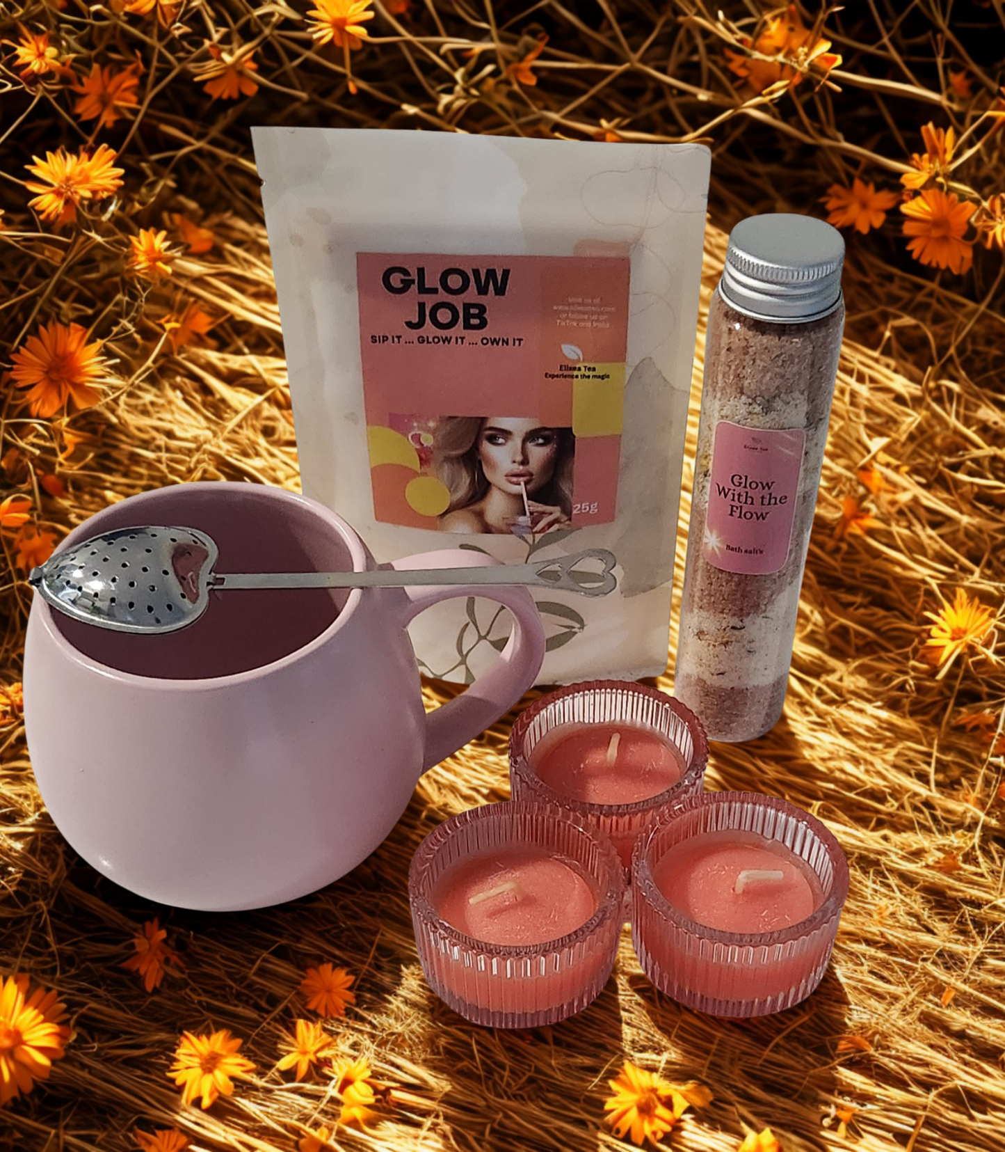 Glow Job Indulgence Gift Pack | Wellness Tea Spa Set with Bath Salts and scented candles