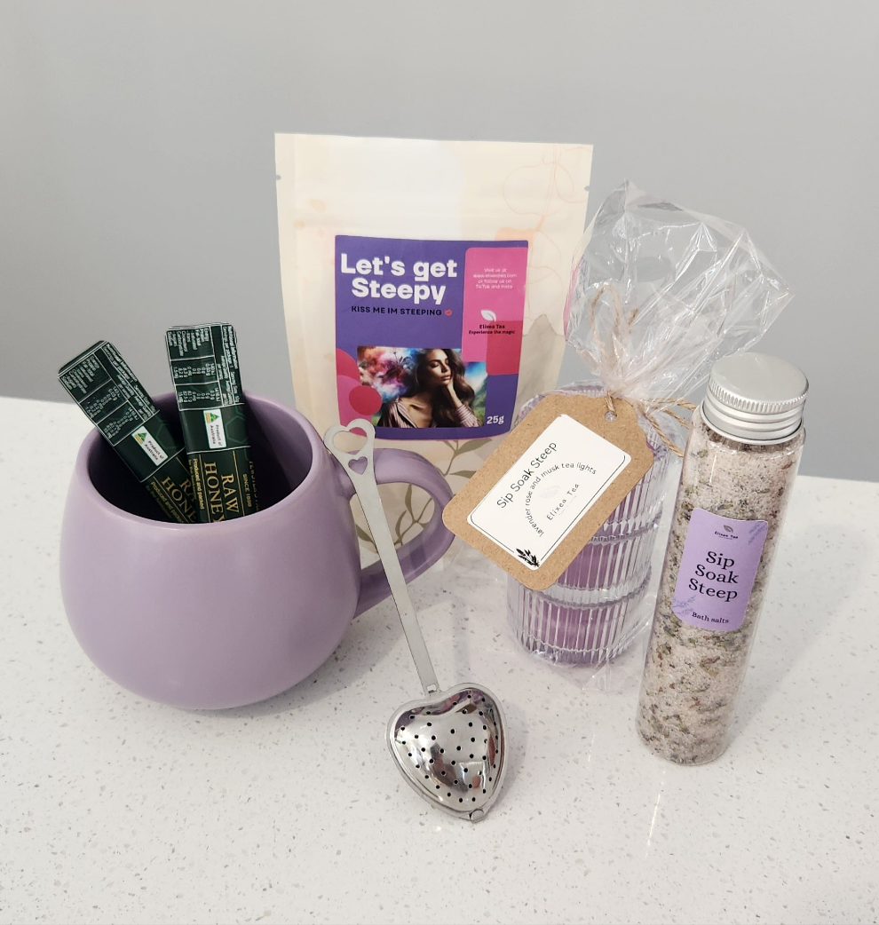 Sip, Soak, Repeat, Let’s Get Steepy Spa Gift Pack| Relaxation Tea Set with Bath Salts and scented candles
