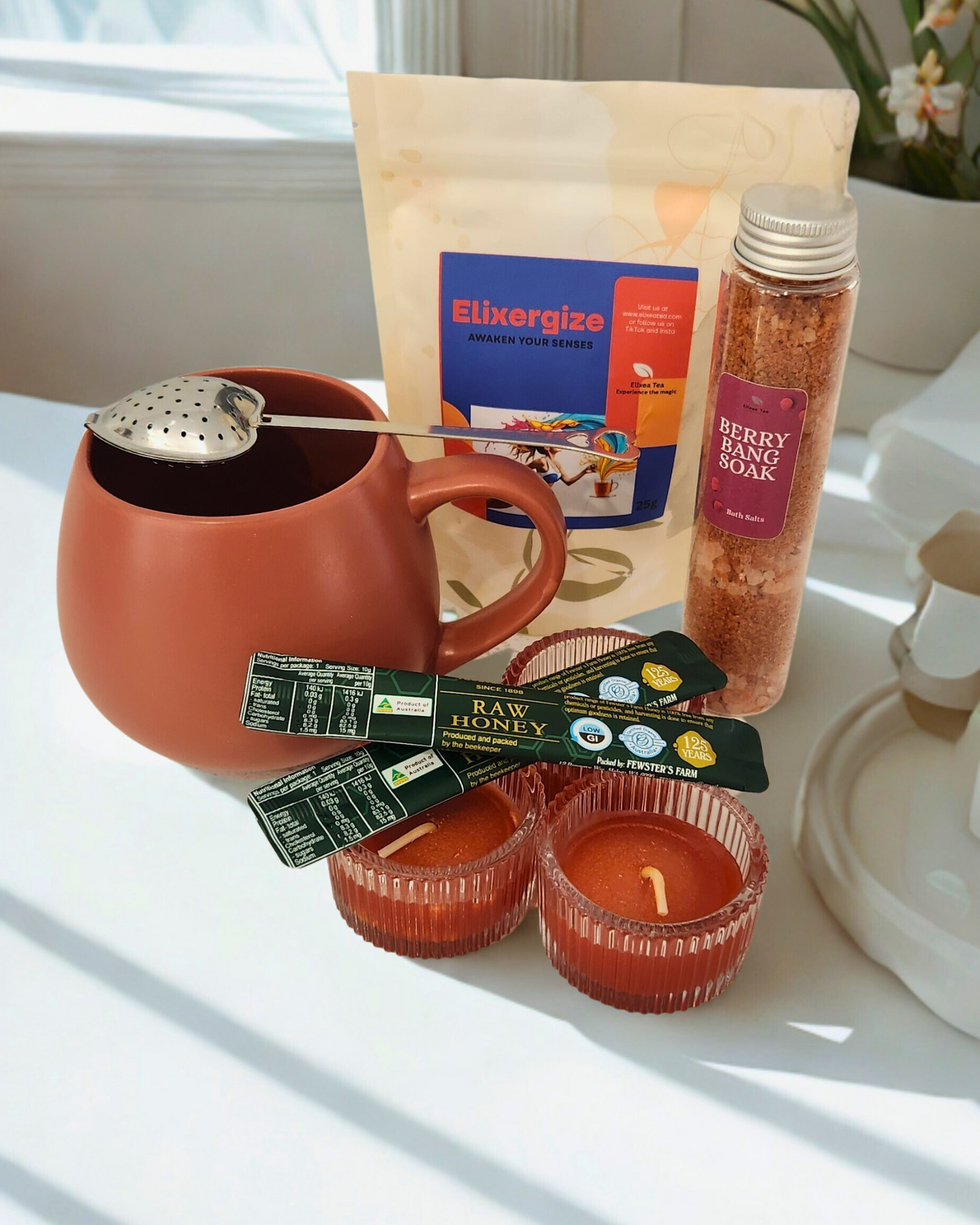 Sip Glow Energize | Gift Pack  Elixergize Tea Spa Set with Bath Salts and scented candles