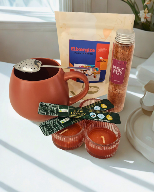 Sip Glow Energize | Gift Pack  Elixergize Tea Spa Set with Bath Salts and scented candles
