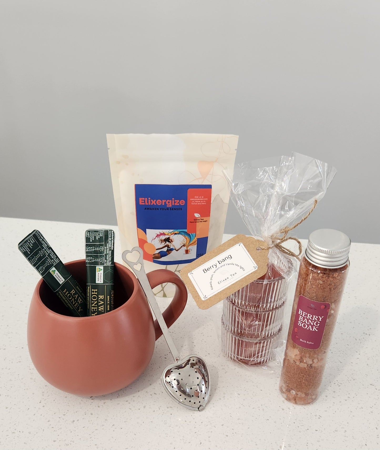 Sip Glow Energize | Gift Pack  Elixergize Tea Spa Set with Bath Salts and scented candles