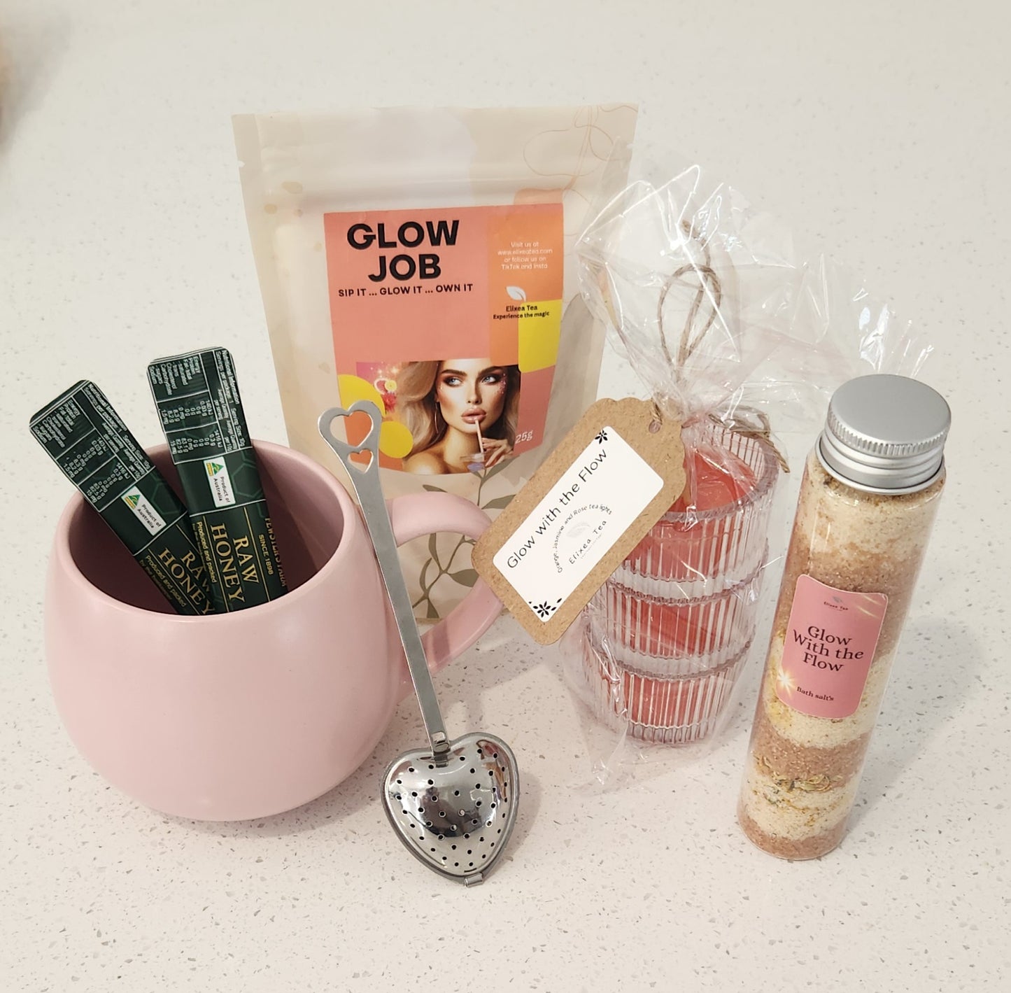 Glow Job Indulgence Gift Pack | Wellness Tea Spa Set with Bath Salts and scented candles